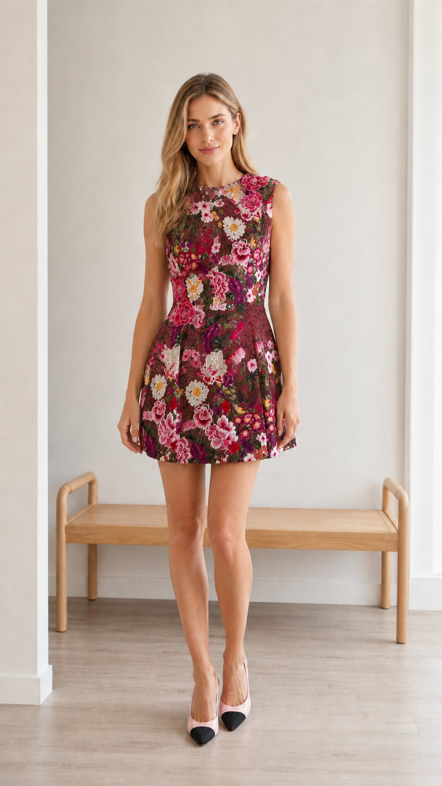 Front view of model wearing burgundy floral embroidered mini dress