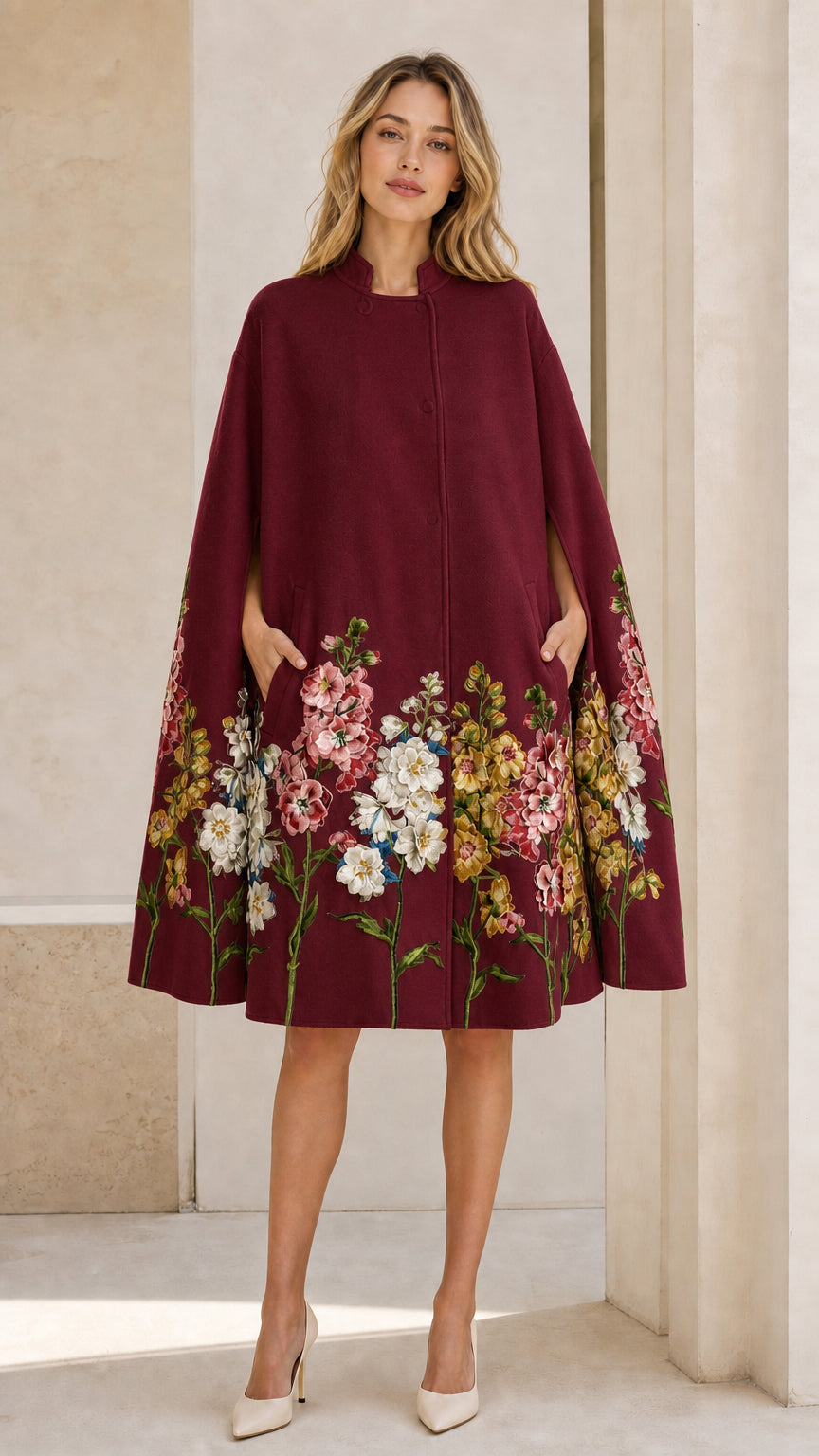 Front view of Burgundy floral embroidered cape coat on model