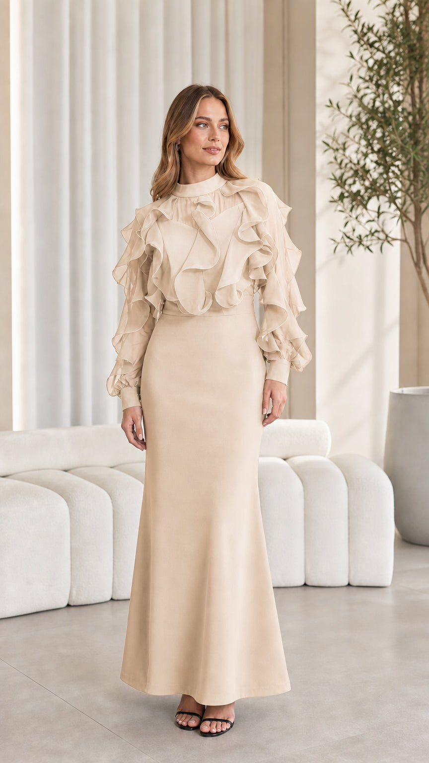 Full-length view of champagne ruffled evening maxi dress