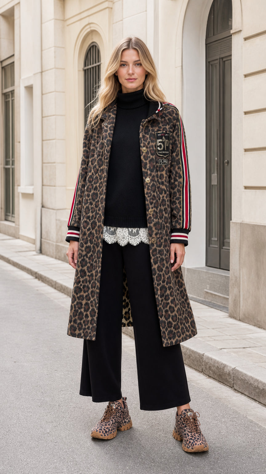 Front full-length view of model wearing Classic Brown leopard print longline varsity coat