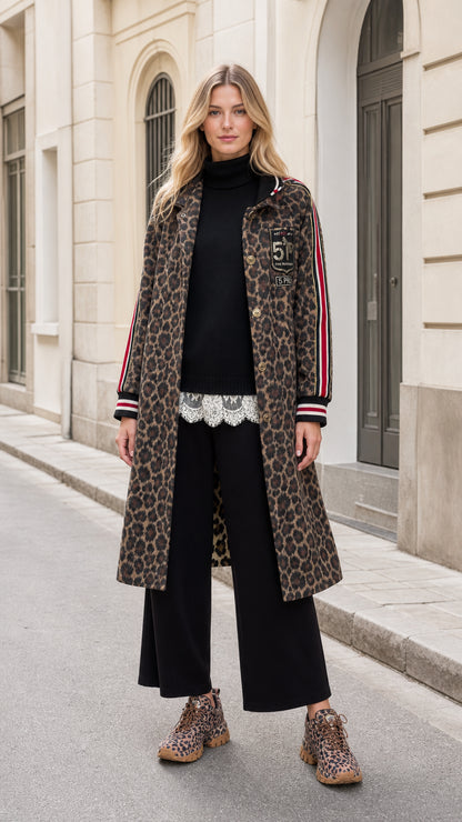Front full-length view of model wearing Classic Brown leopard print longline varsity coat