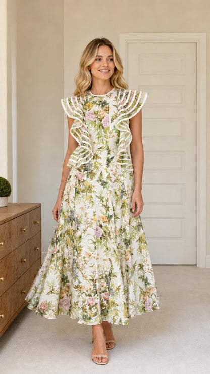 Front view of model wearing white floral ruffle maxi dress