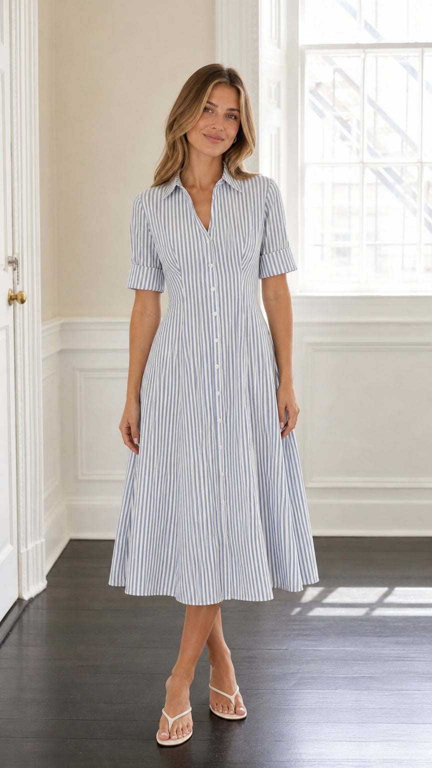 Front view of model wearing blue striped midi shirt dress