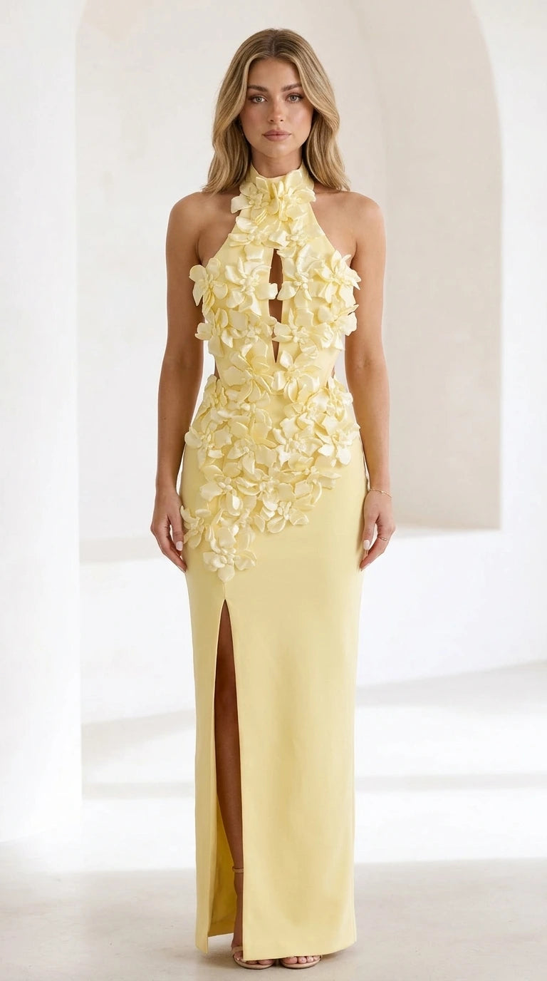 Front view of yellow 3D floral halter maxi dress