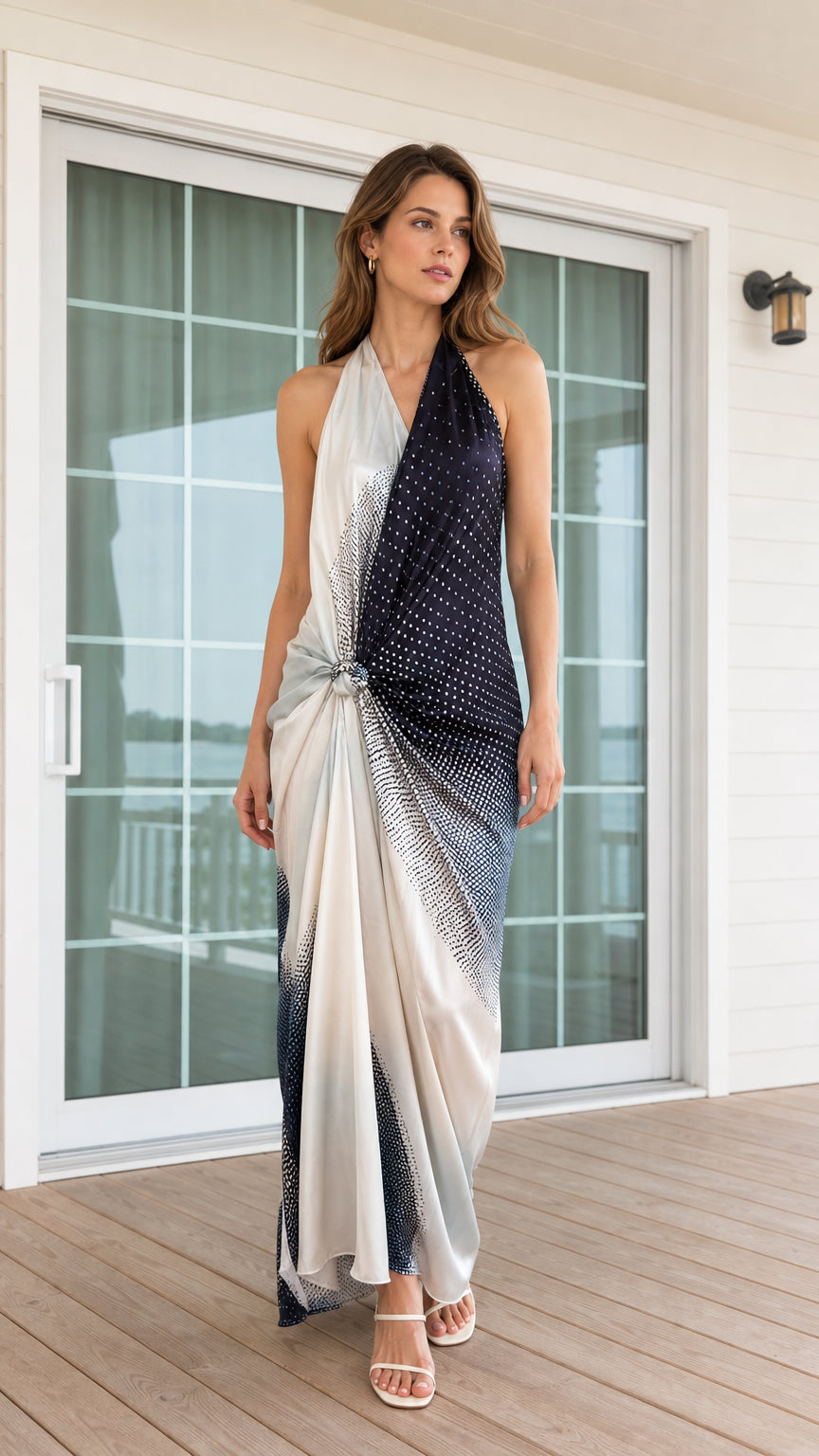Model wearing Black halter neck polka dot maxi dress from the front
