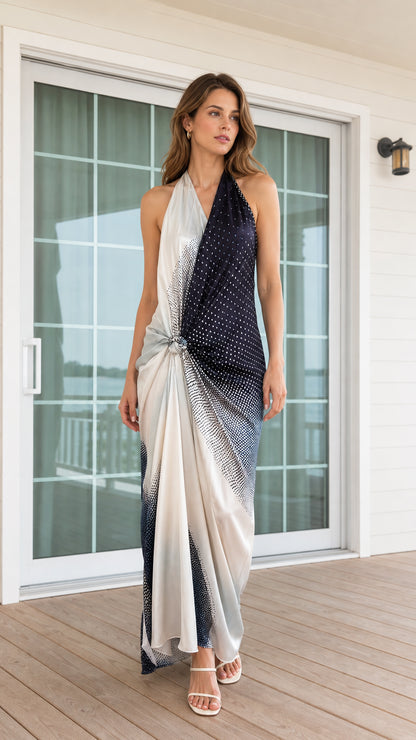 Model wearing Black halter neck polka dot maxi dress from the front