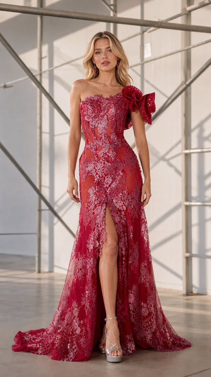 Front view of red one-shoulder floral lace evening dress with split