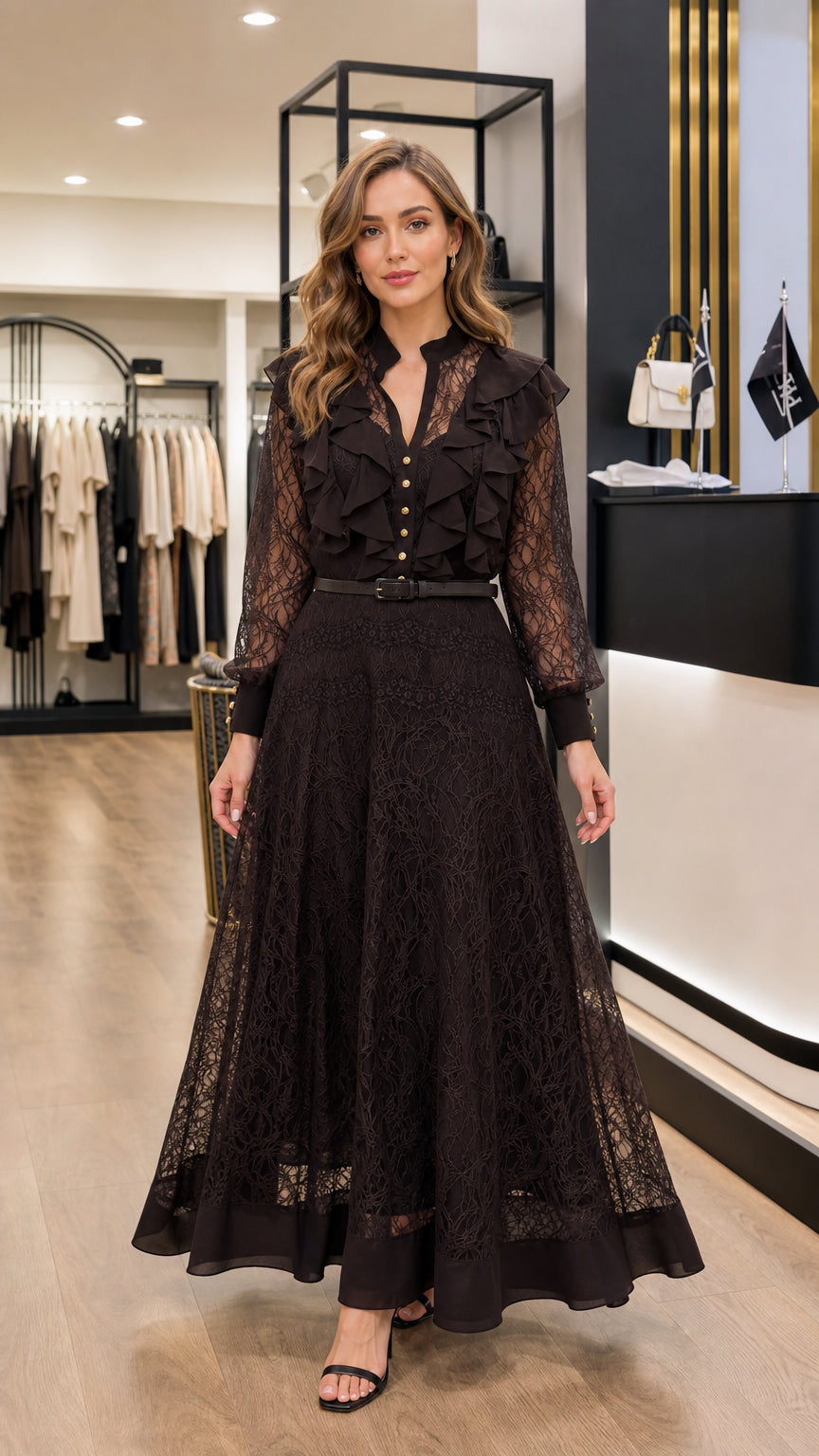 Full front view of elegant black long sleeve lace maxi dress with ruffles and belt