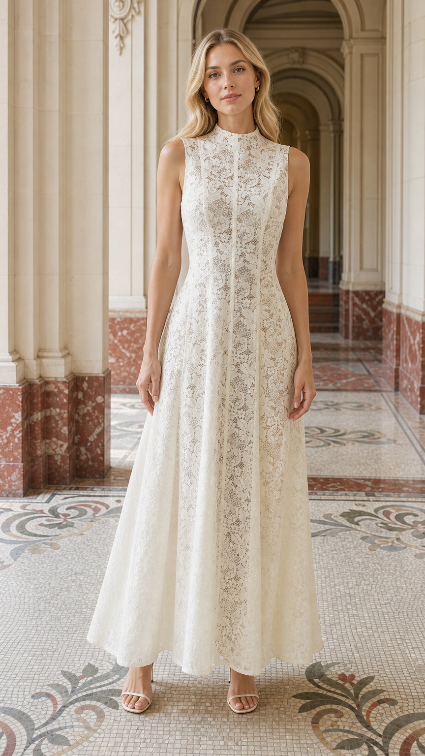 Front view of woman wearing white lace maxi dress