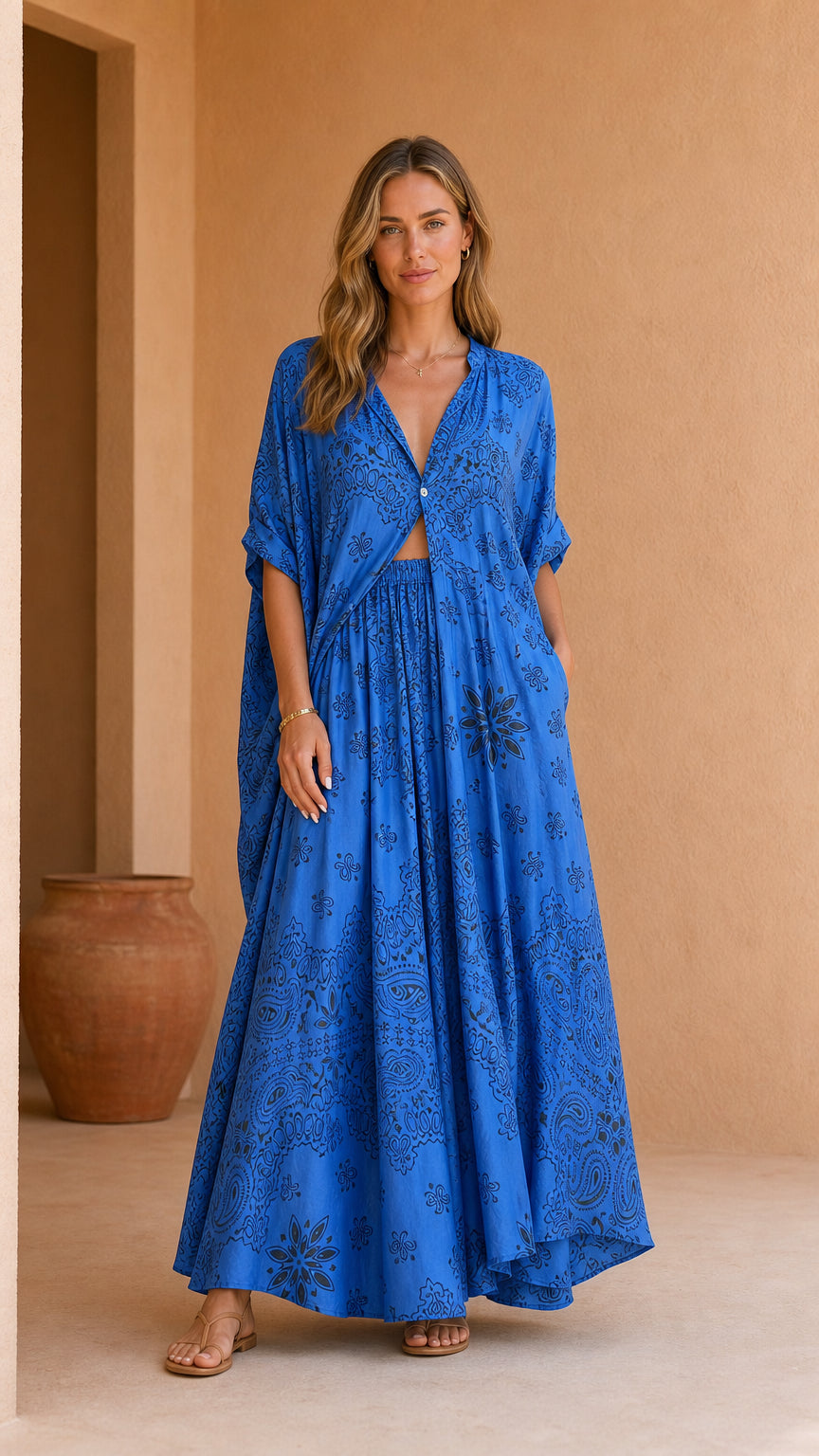 Model wearing blue printed two-piece kaftan and maxi skirt set, front view