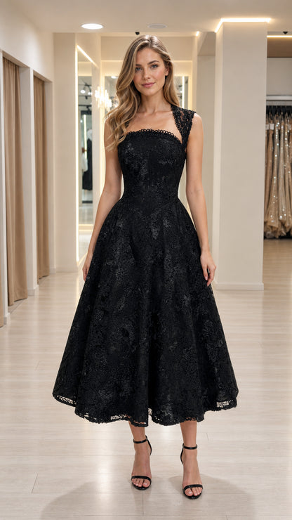 Front view of woman wearing elegant black lace midi dress