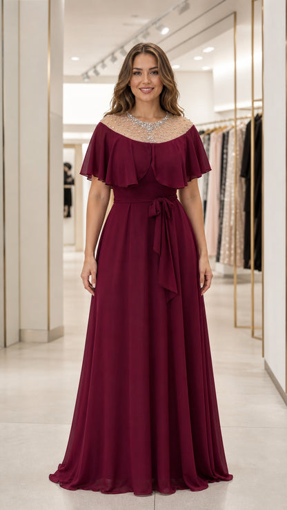 Front view of burgundy capelet chiffon evening dress