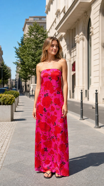 Front view of model wearing fuchsia rose print strapless maxi dress