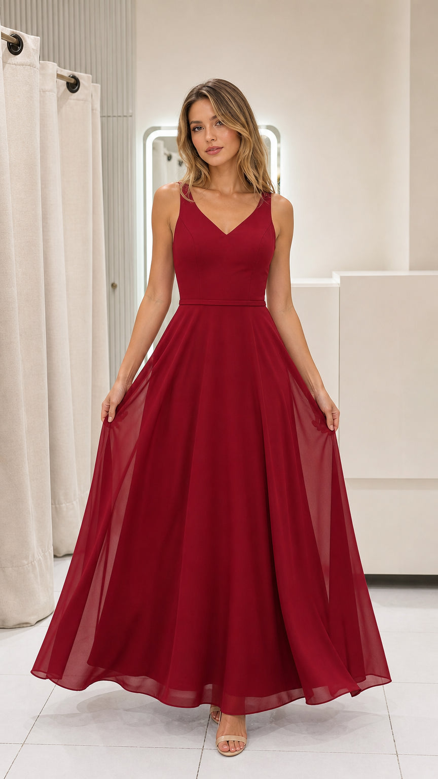 Model wearing burgundy chiffon maxi dress front view