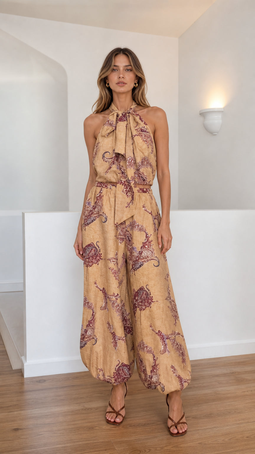 Full view of khaki paisley halter neck jumpsuit from the front