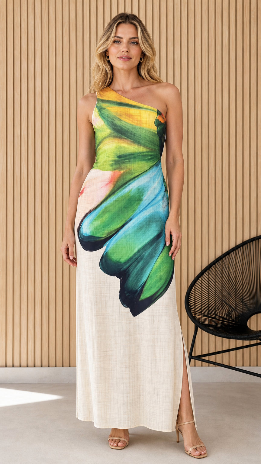 Front view of one-shoulder floral print maxi dress in white