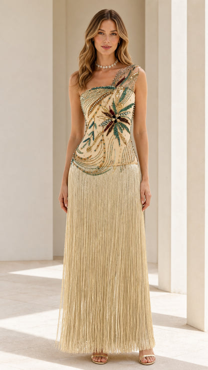 Front view of model wearing gold one-shoulder beaded fringe evening dress