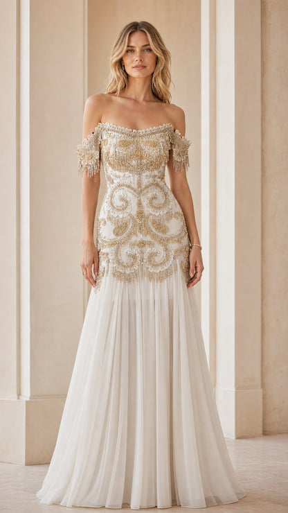 Front view of ivory off-the-shoulder beaded formal evening gown
