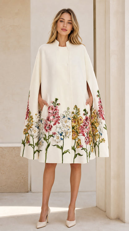 Front view of Ivory floral embroidered cape coat on model