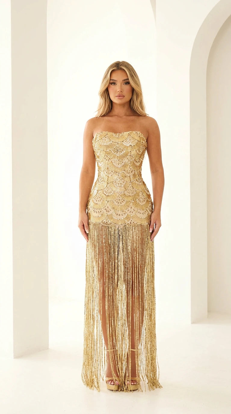 Front view of gold beaded fringe strapless evening gown