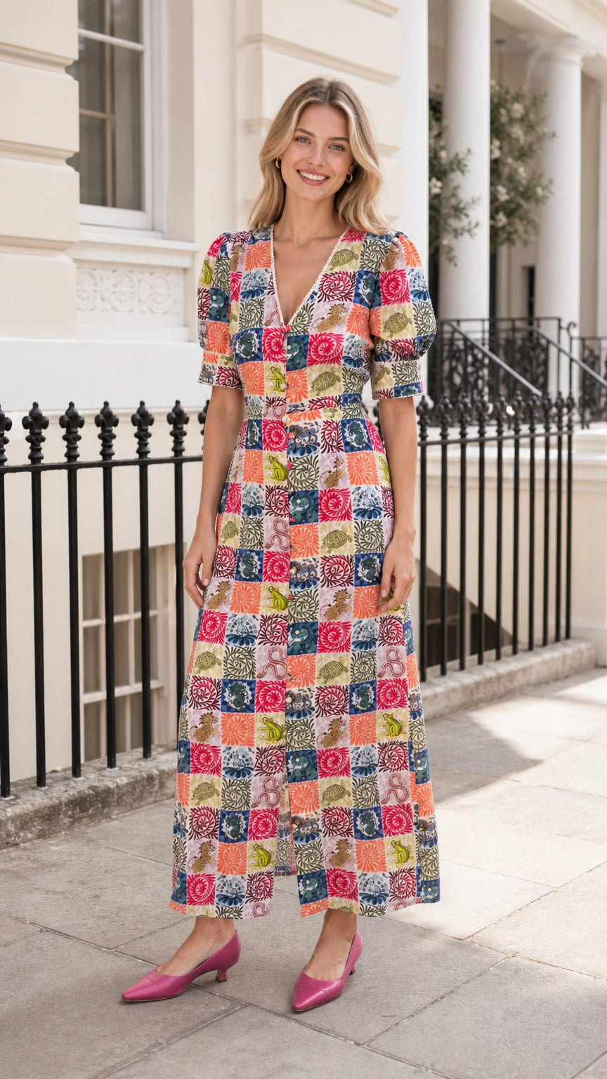 Front view of woman wearing multi-color patchwork midi dress with pink heels