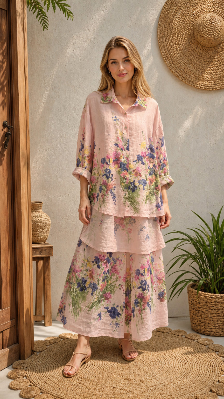 Women's pink floral two-piece shirt and tiered maxi skirt set front view