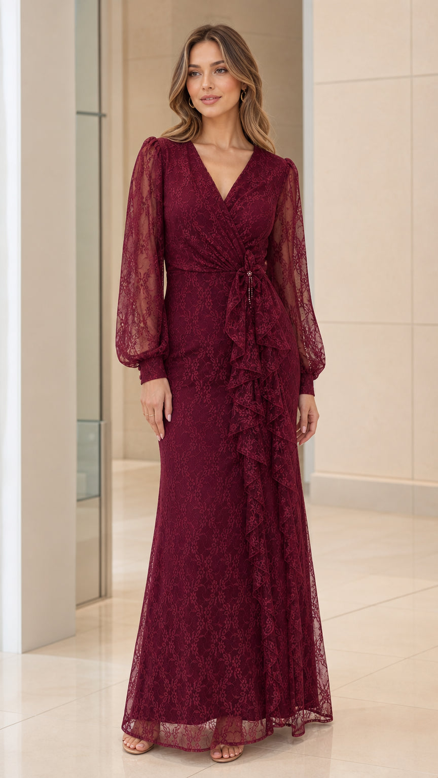 Front view of burgundy lace long-sleeve maxi dress with ruffles