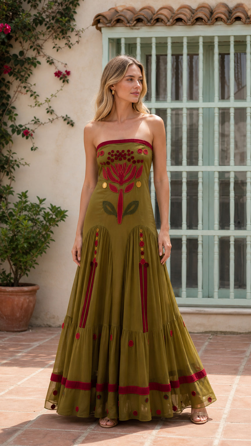 Front view of olive strapless embroidered maxi dress