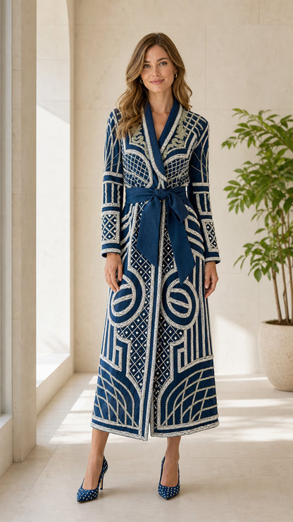 Front view of woman wearing navy geometric embroidered long coat
