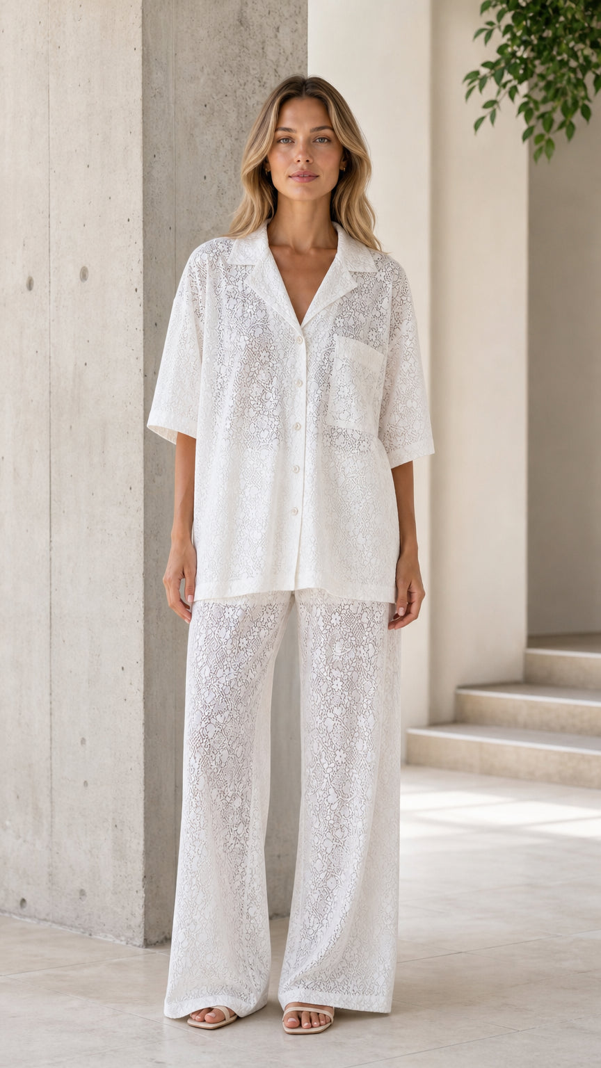 Front view of woman wearing white lace button-down shirt and wide-leg pants set