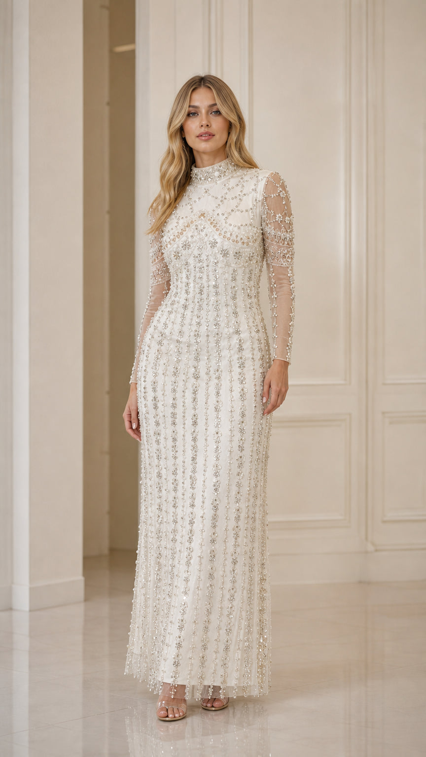 Ivory high neck beaded evening gown front view