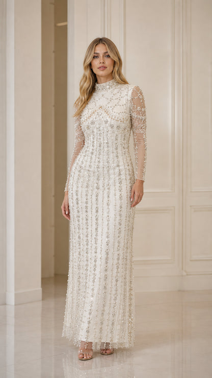 Ivory high neck beaded evening gown front view