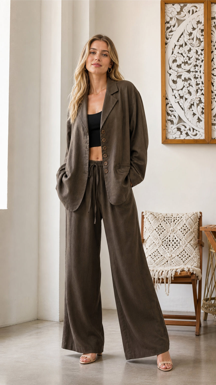 Front view of model wearing olive blazer and wide-leg pants set