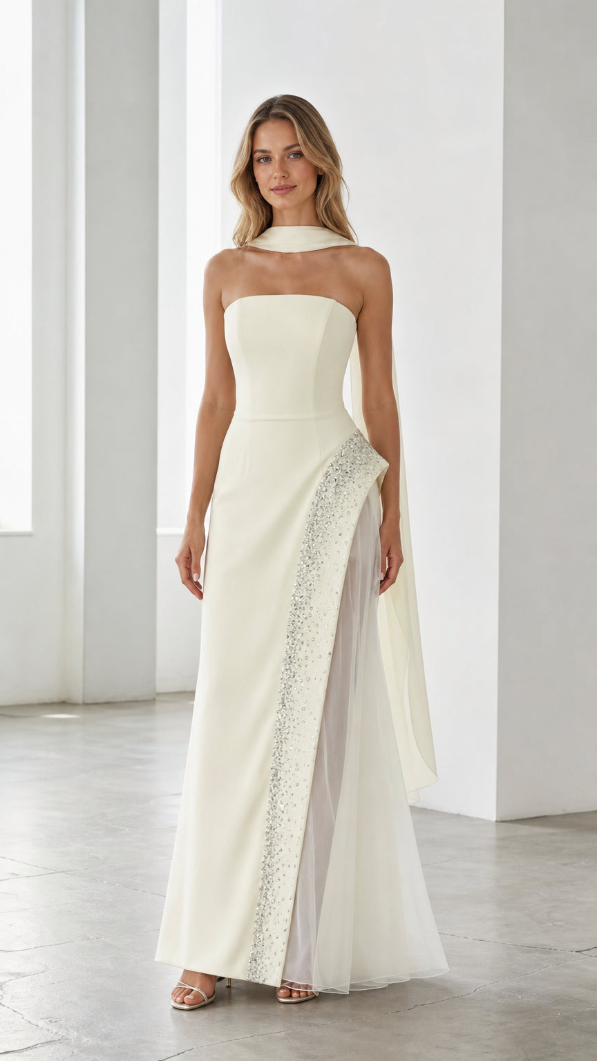 Ivory strapless evening gown front view with crystal trim and scarf