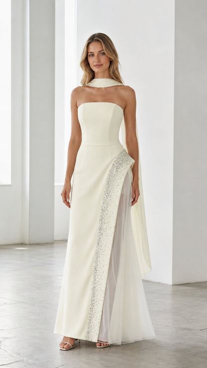 Ivory strapless evening gown front view with crystal trim and scarf
