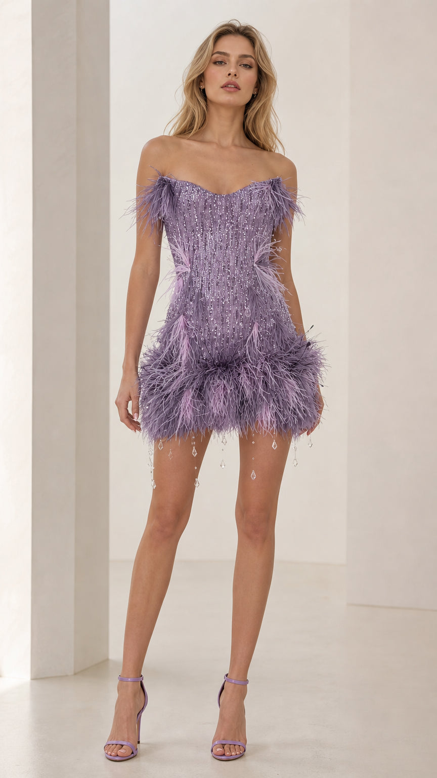 Front view of model wearing lavender feather trim sequin mini dress