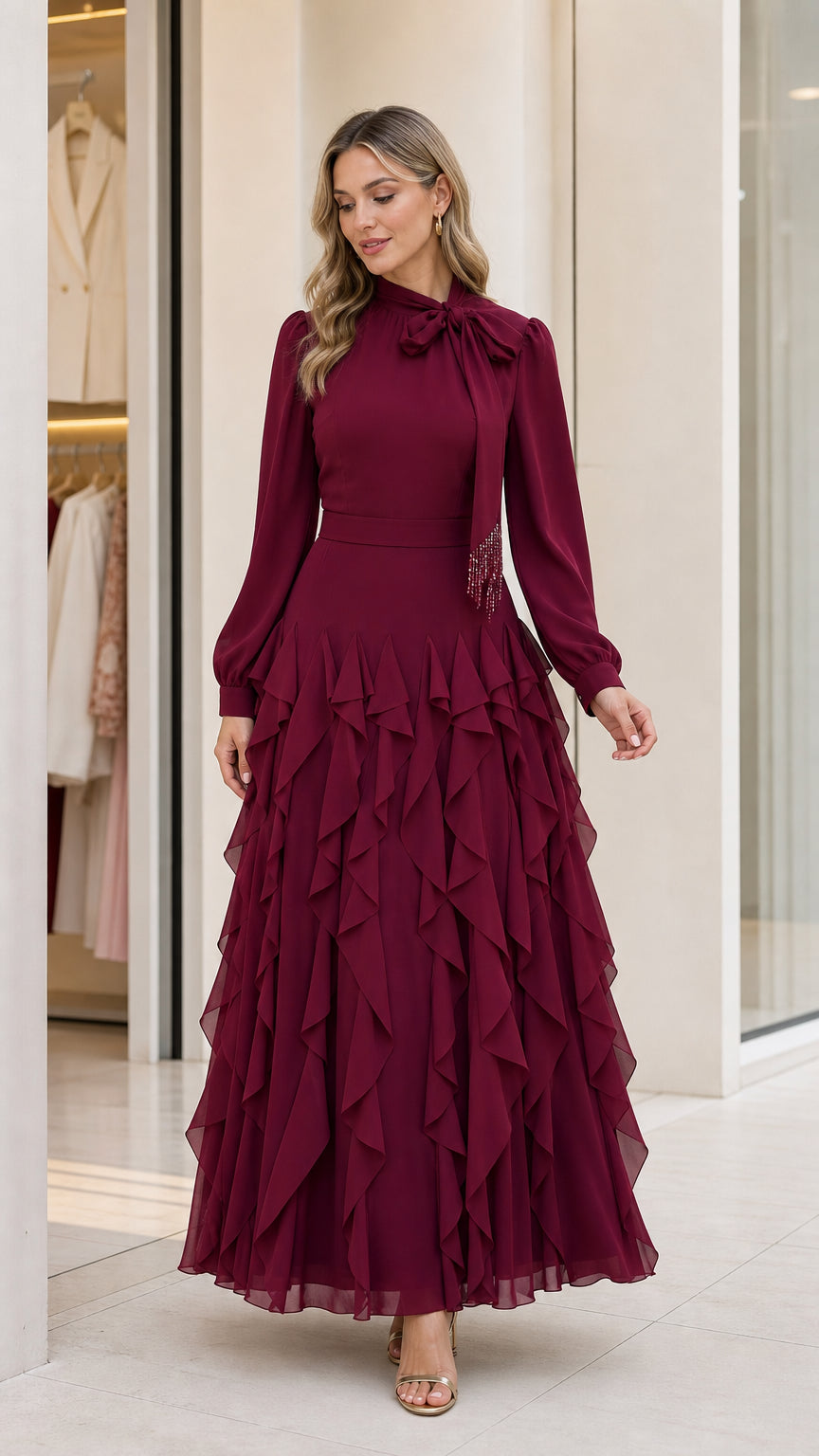 Front view of burgundy long sleeve ruffled maxi dress
