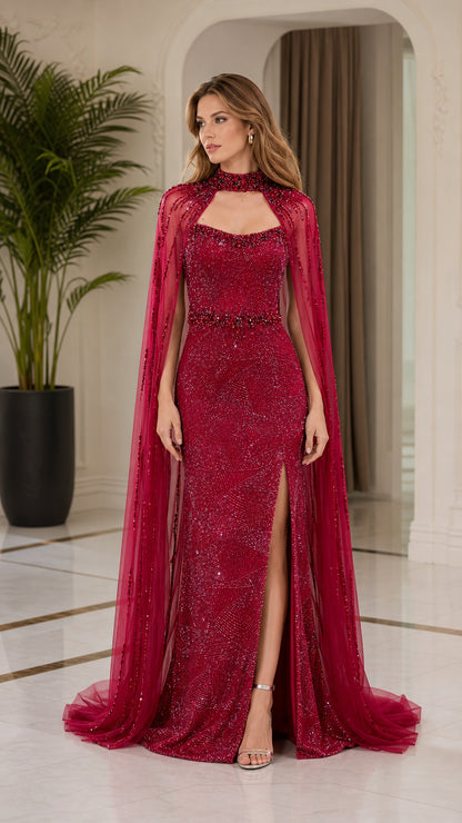 Front full view of burgundy beaded evening gown with sheer flowing cape and side slit