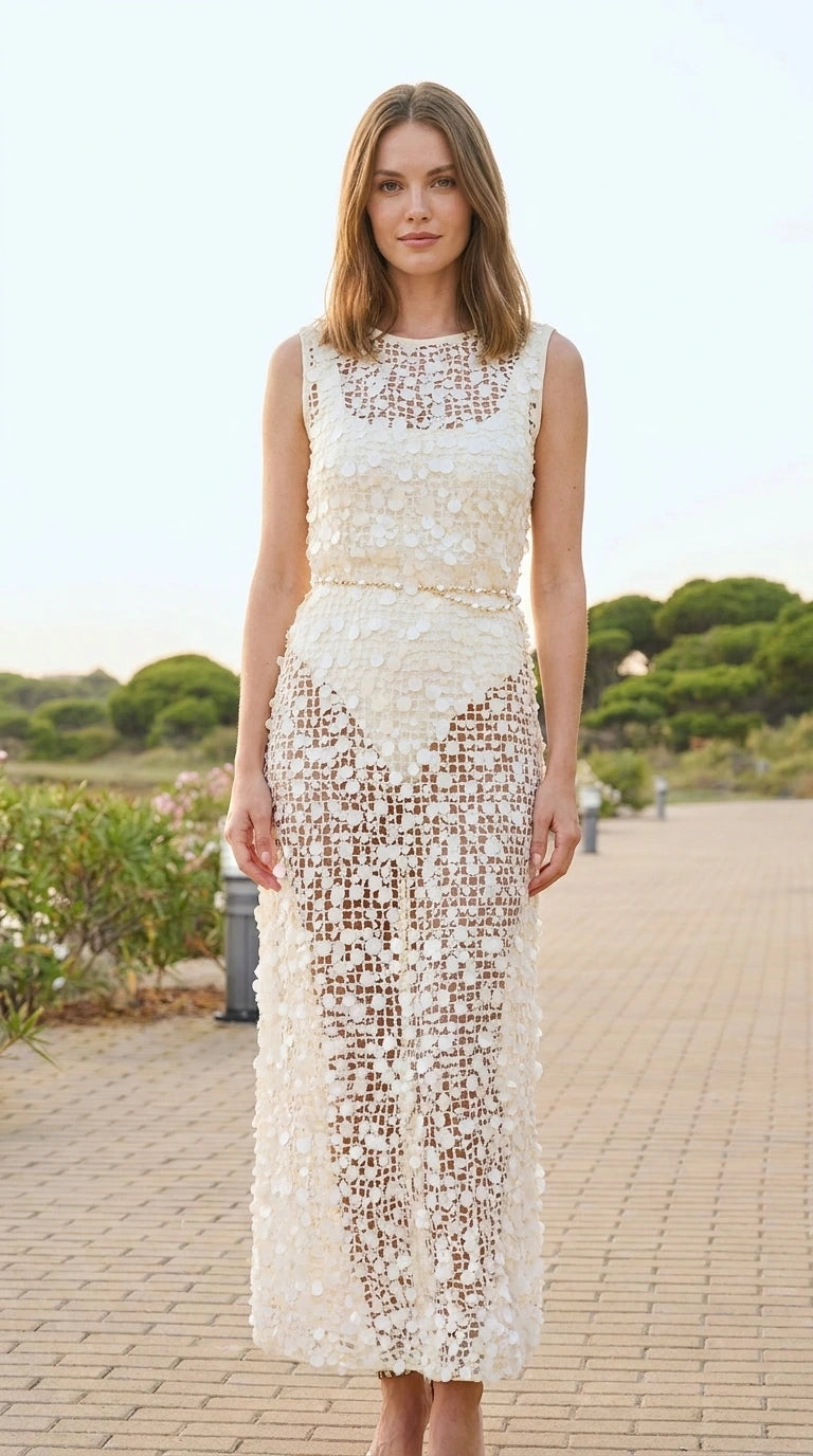 Front view of ivory sequin crochet maxi dress on model
