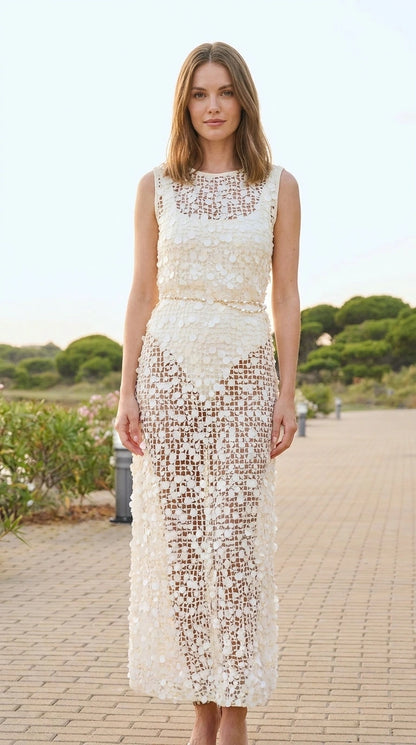 Front view of ivory sequin crochet maxi dress on model
