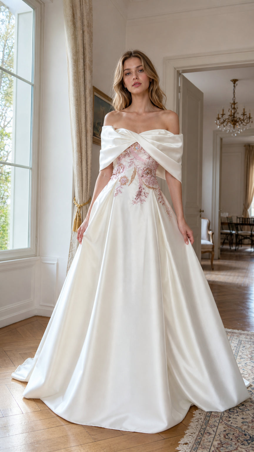 Front view of white off-the-shoulder satin ball gown