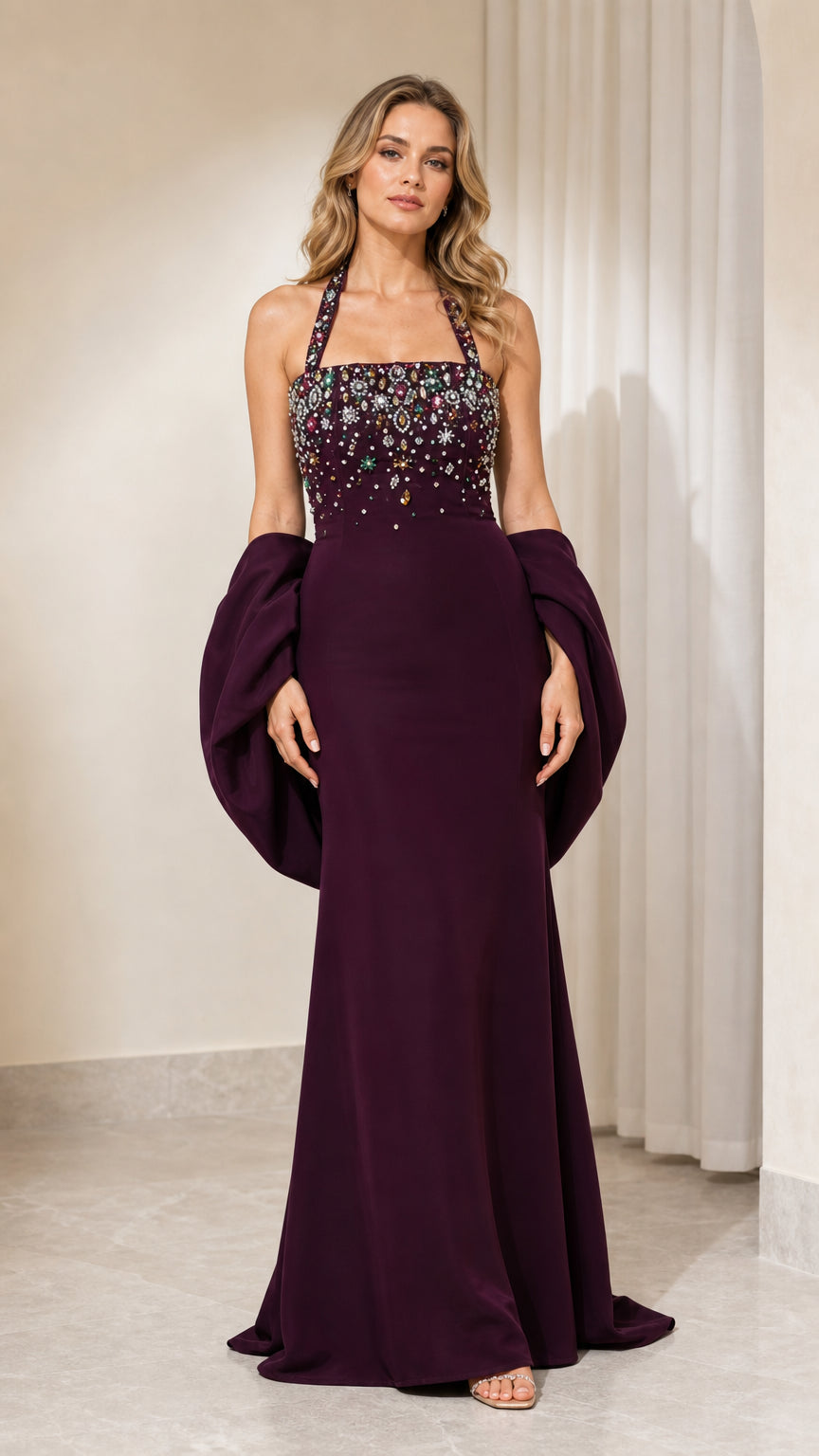 Front view of plum embellished halter evening gown with wrap