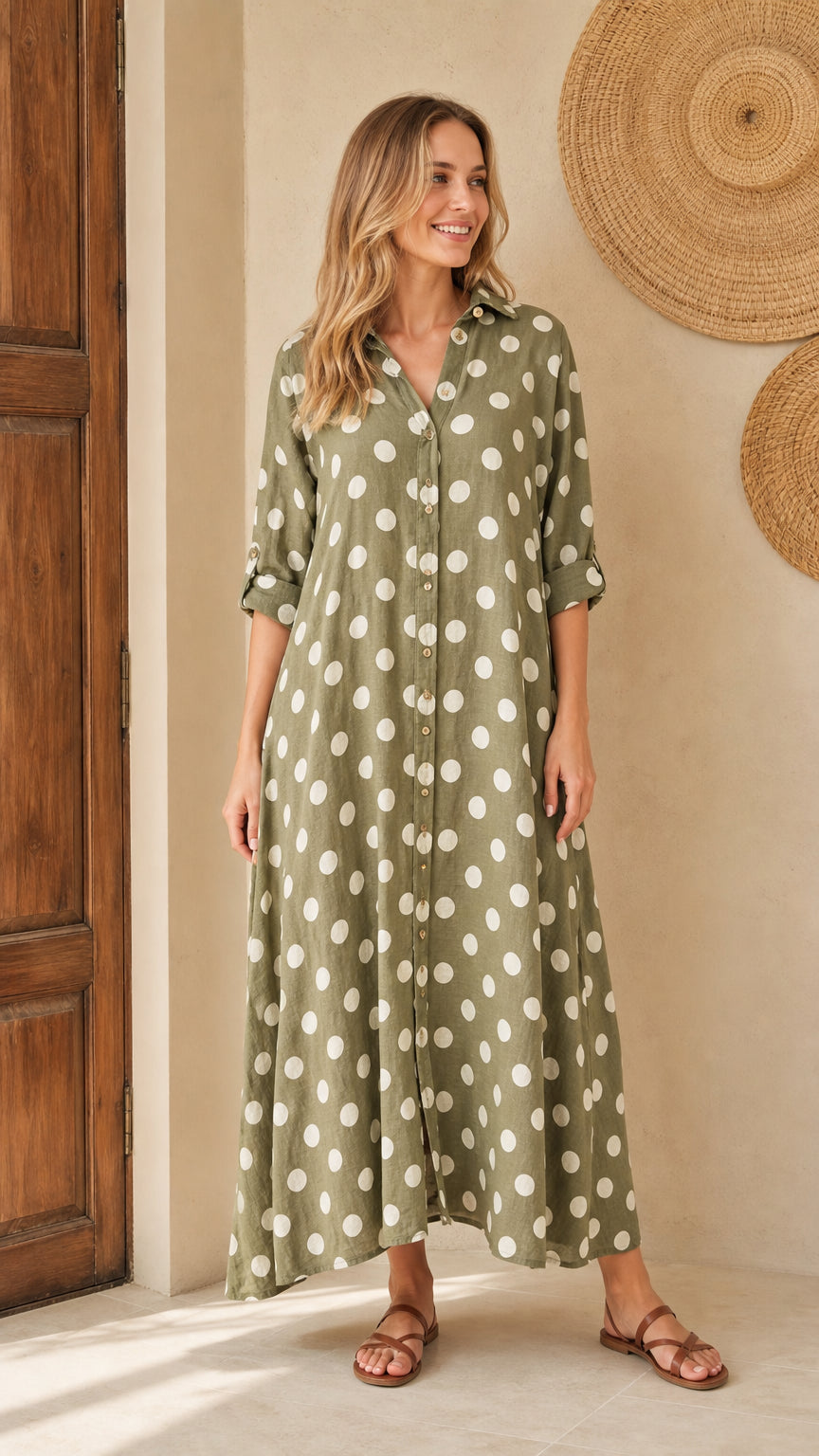 Front view of woman wearing olive polka dot maxi shirt dress with flat sandals