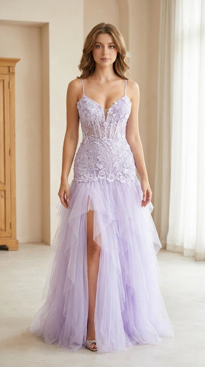 Front view of model wearing lavender sweetheart corset tulle maxi gown with front slit