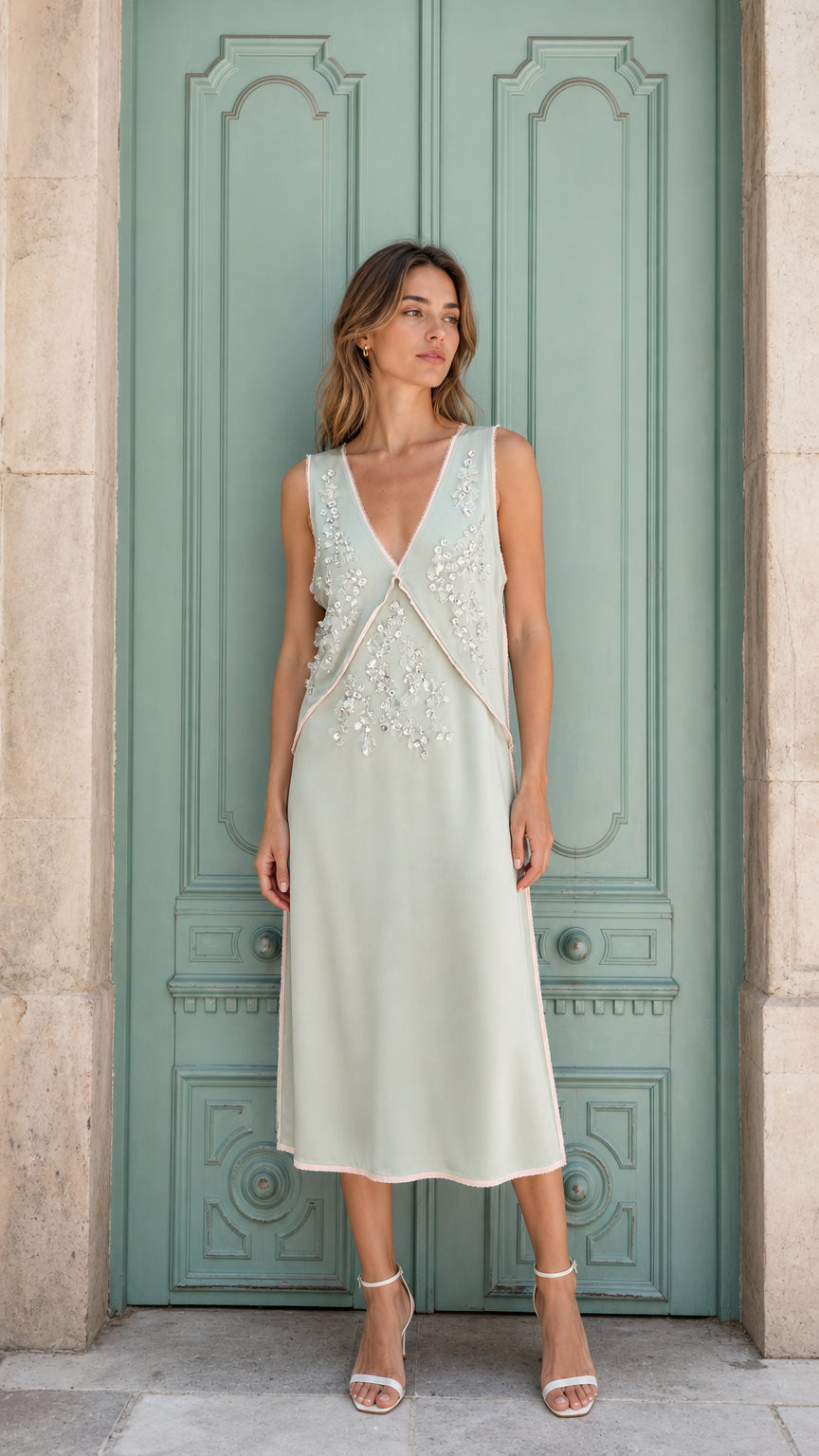 Model wearing sage green embellished V-neck sleeveless midi dress, front view