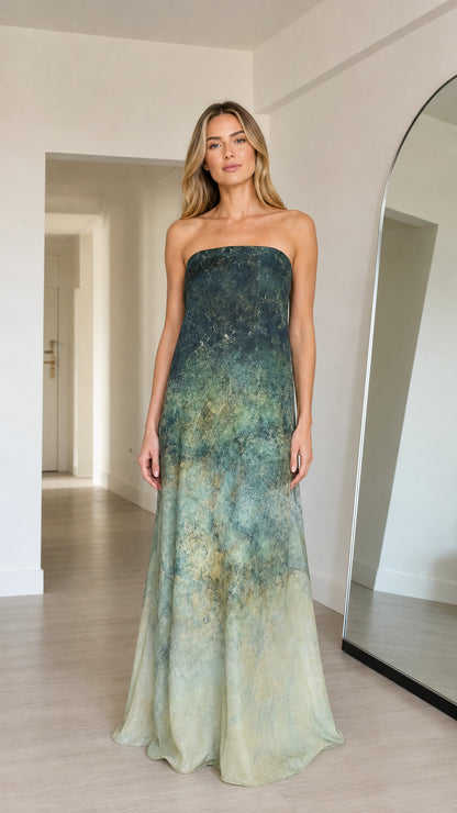 Ethereal Ombre Strapless Maxi Dress in Green front view