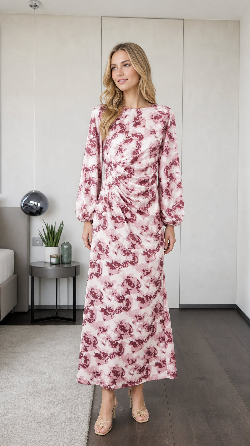 Front view of model wearing pink floral long sleeve maxi dress
