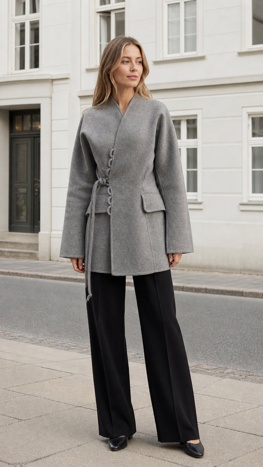Front view of a women's heather gray belted wrap coat with loop-button detail and flap pockets