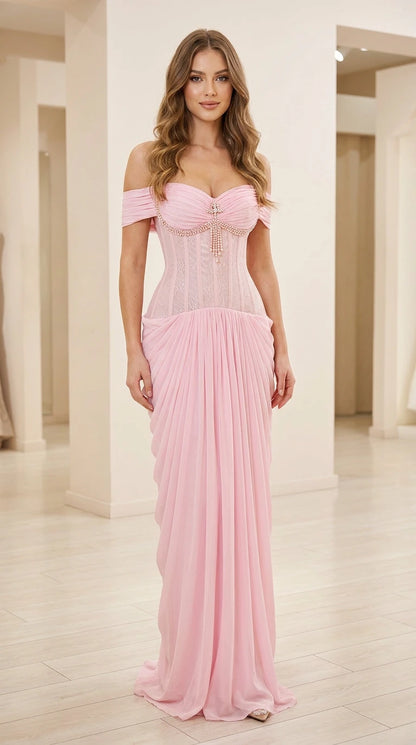 Front view of pink off-shoulder corset evening gown