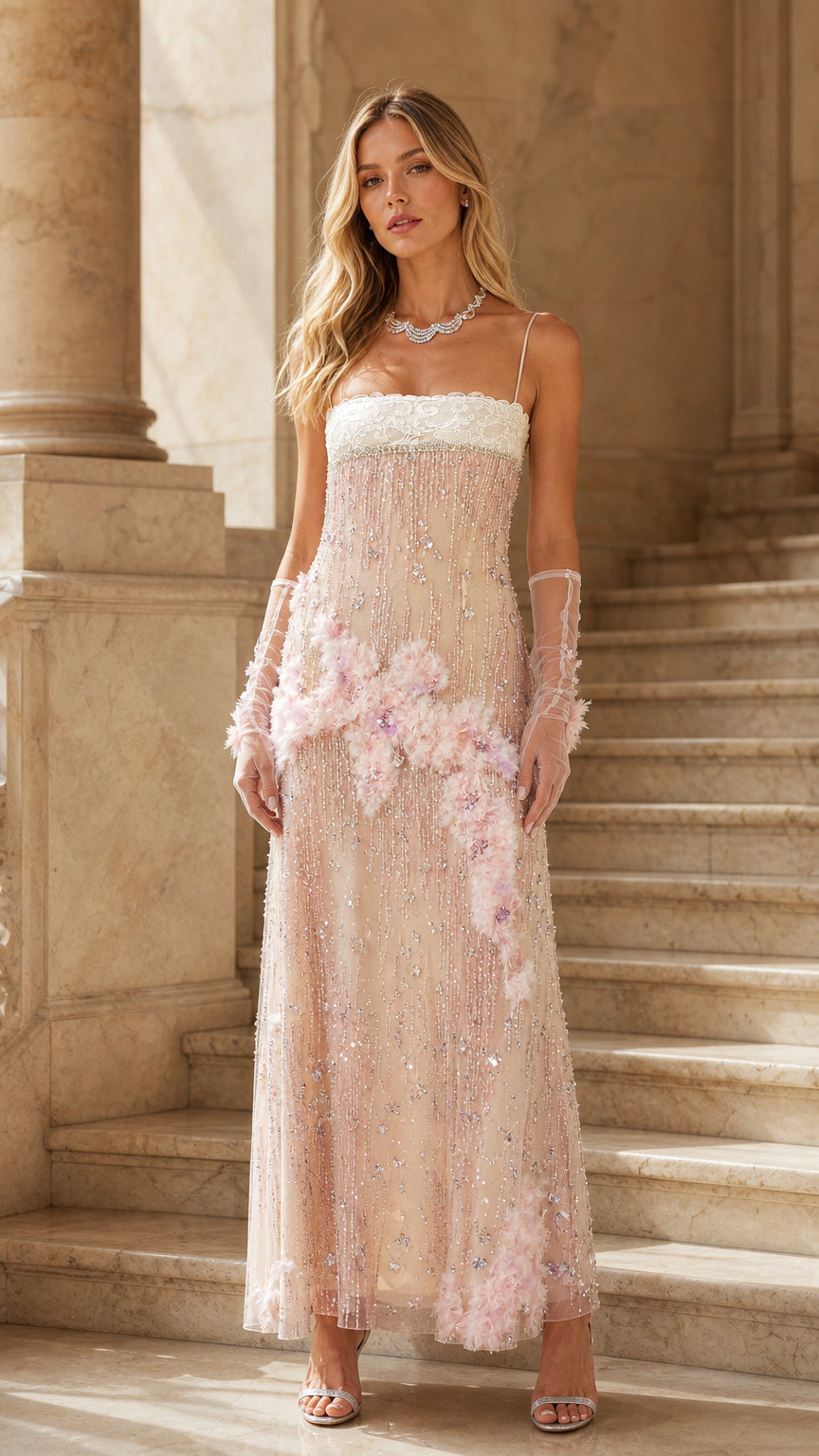 Front view of model wearing pink beaded evening gown with floral appliques and gloves